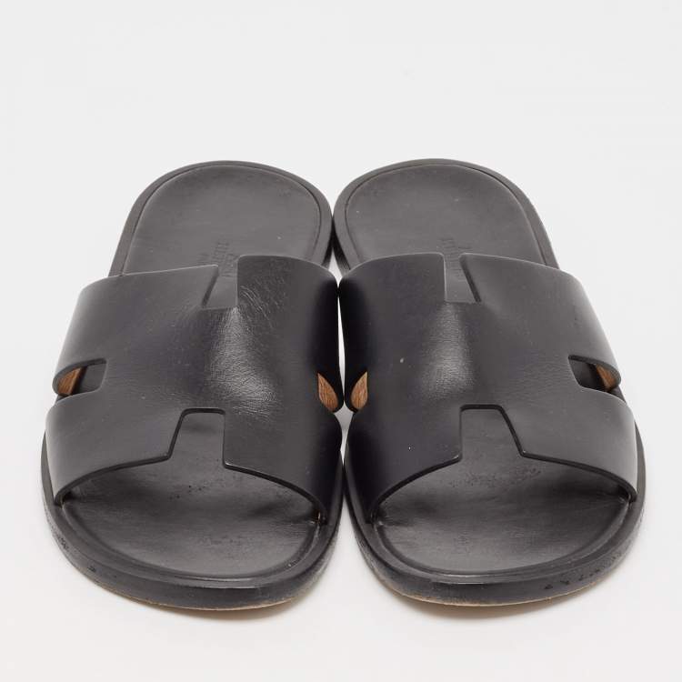Pre Owned Hermes Black Leather Izmir Flat Slides Size 42