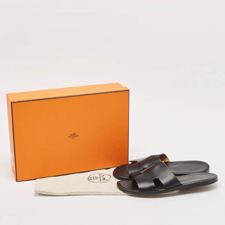 Pre Owned Hermes Black Leather Izmir Flat Slides Size 42