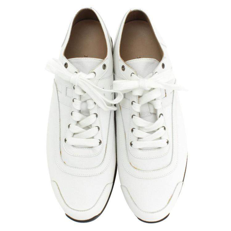 Pre Owned Hermes White Canvas And Leather Trim Kool Low Top Sneakers Size 42