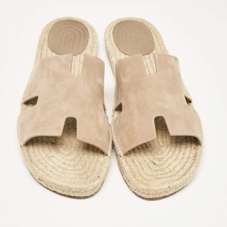Pre Owned Hermes Beige Suede Antigua Flat Slides Size 47