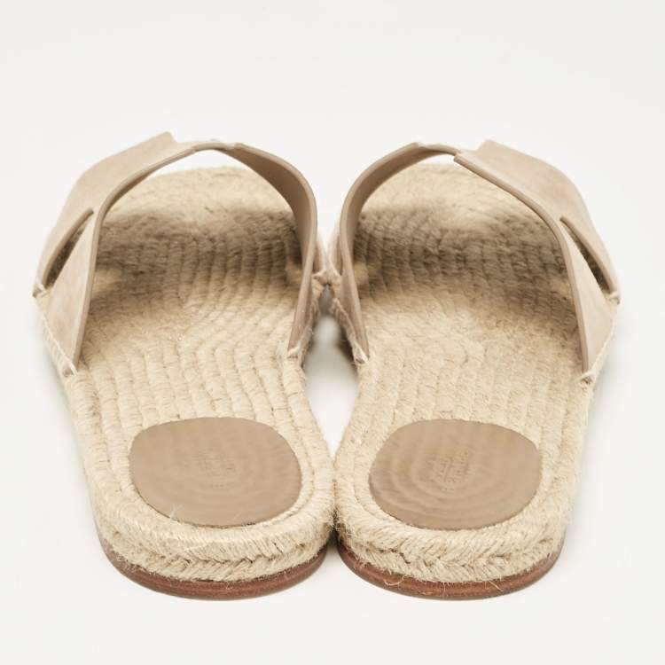 Pre Owned Hermes Beige Suede Antigua Flat Slides Size 47