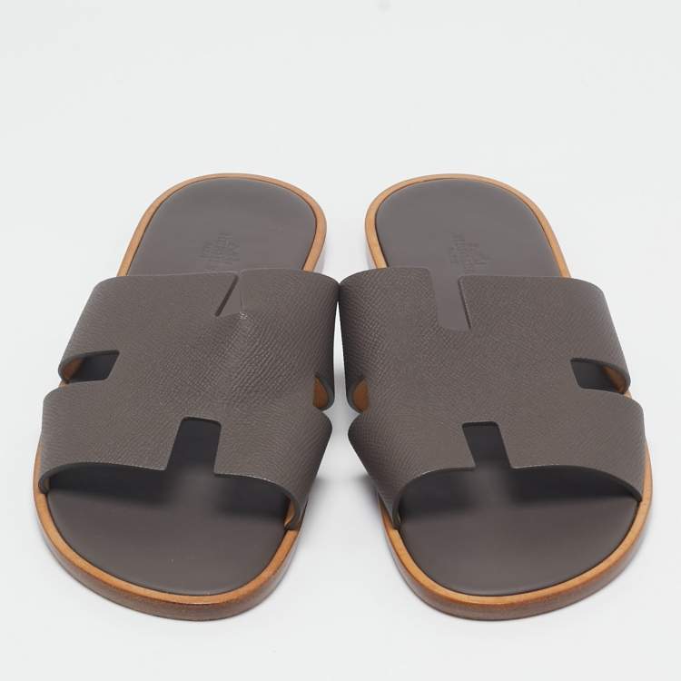 Pre Owned Hermes Dark Brown Leather Izmir Slide Sandals Size 43.5