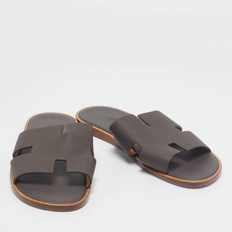 Pre Owned Hermes Dark Brown Leather Izmir Slide Sandals Size 43.5