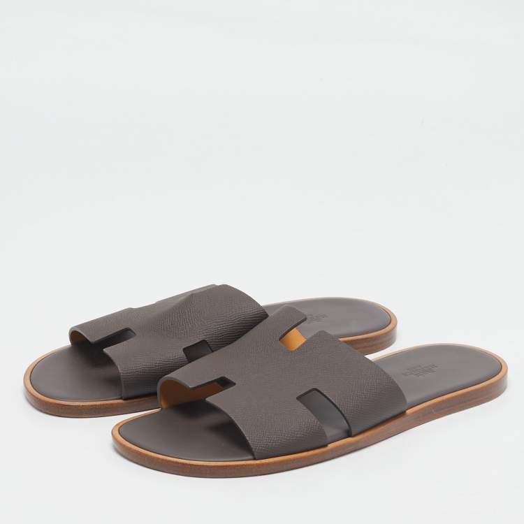 Pre Owned Hermes Dark Brown Leather Izmir Slide Sandals Size 43.5