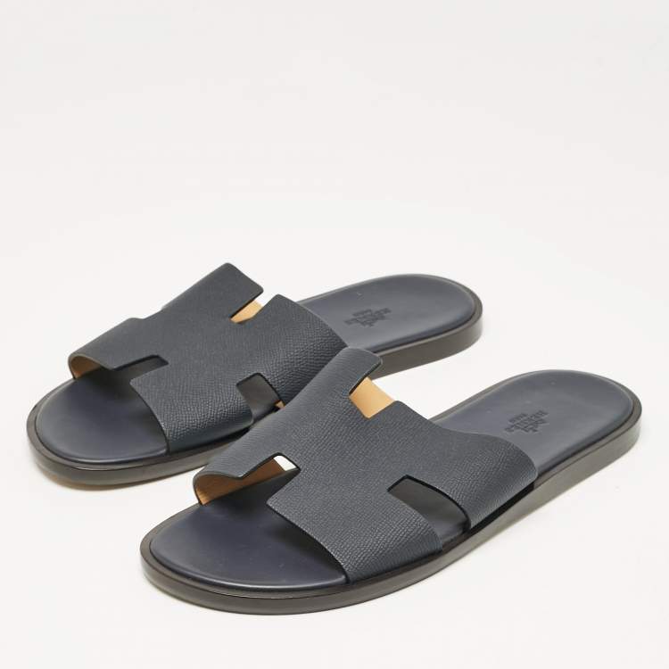 Pre Owned Hermes Navy Blue Leather Izmir Flat Slides Size 43.5