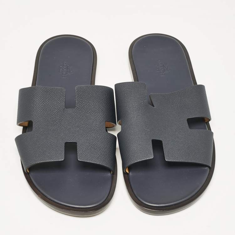 Pre Owned Hermes Navy Blue Leather Izmir Flat Slides Size 43.5