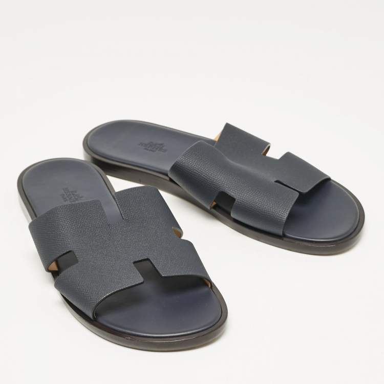 Pre Owned Hermes Navy Blue Leather Izmir Flat Slides Size 43.5