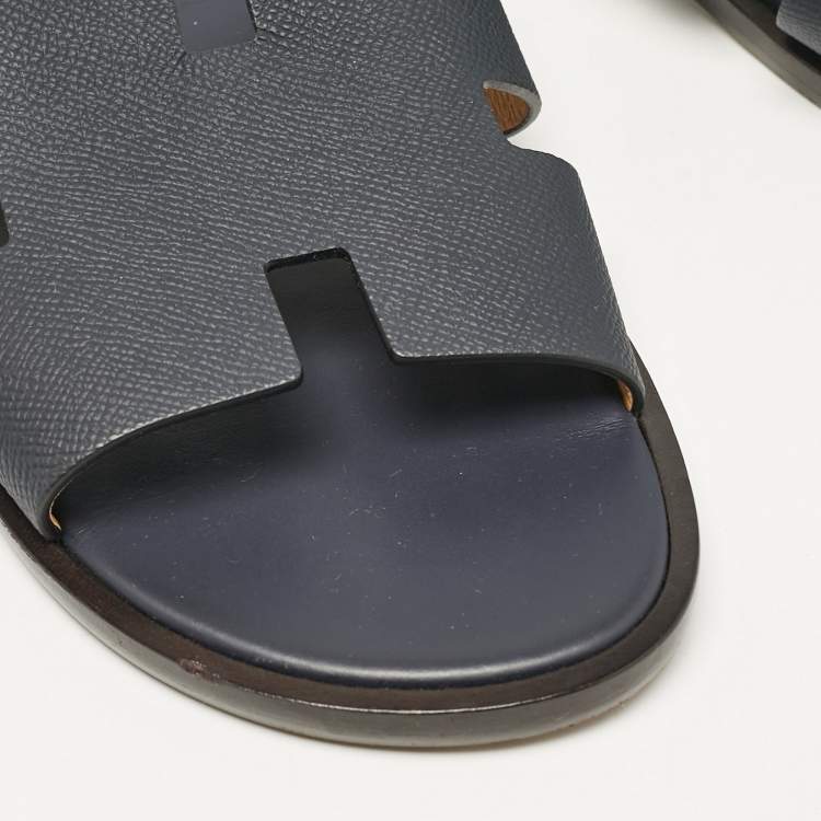Pre Owned Hermes Navy Blue Leather Izmir Flat Slides Size 43.5