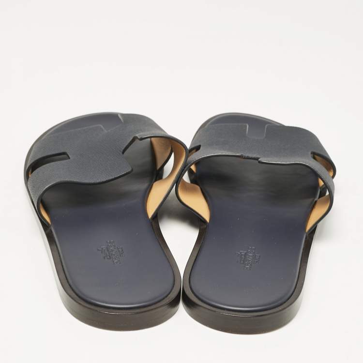 Pre Owned Hermes Navy Blue Leather Izmir Flat Slides Size 43.5