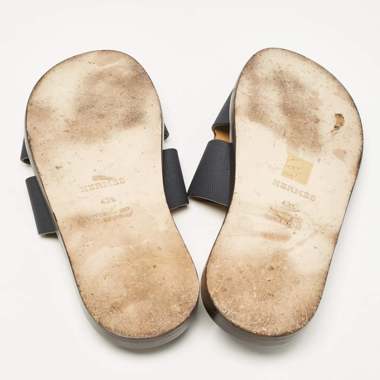 Pre Owned Hermes Navy Blue Leather Izmir Flat Slides Size 43.5