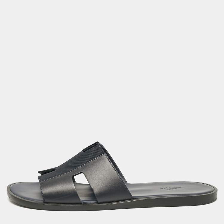 Pre Owned Hermes Navy Blue Leather and Canvas Izmir Flat Slides Size 45