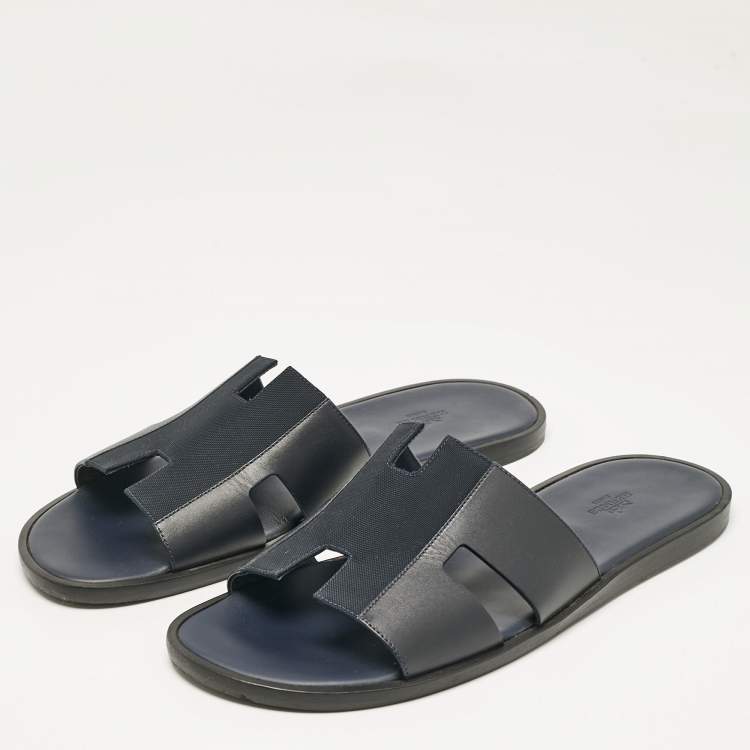 Pre Owned Hermes Navy Blue Leather and Canvas Izmir Flat Slides Size 45