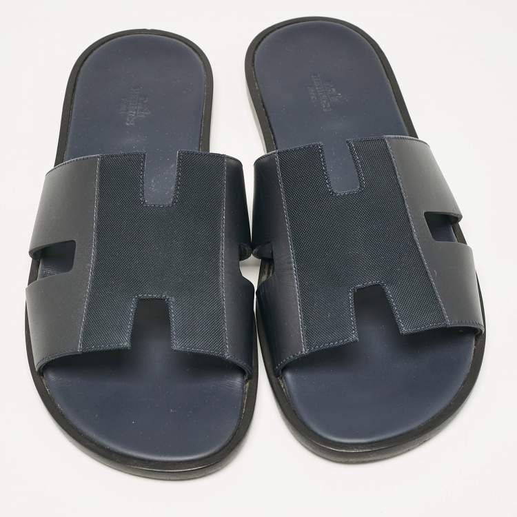 Pre Owned Hermes Navy Blue Leather and Canvas Izmir Flat Slides Size 45