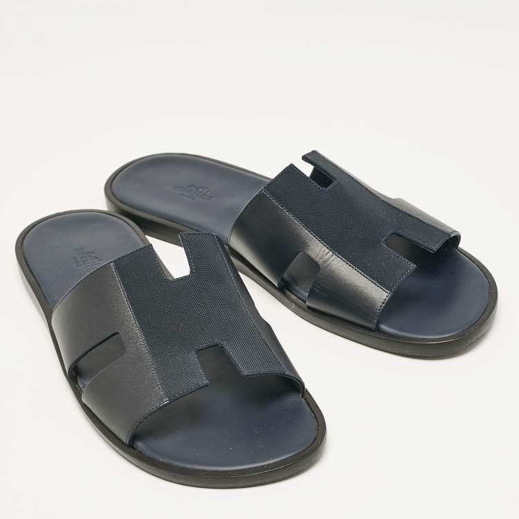 Pre Owned Hermes Navy Blue Leather and Canvas Izmir Flat Slides Size 45