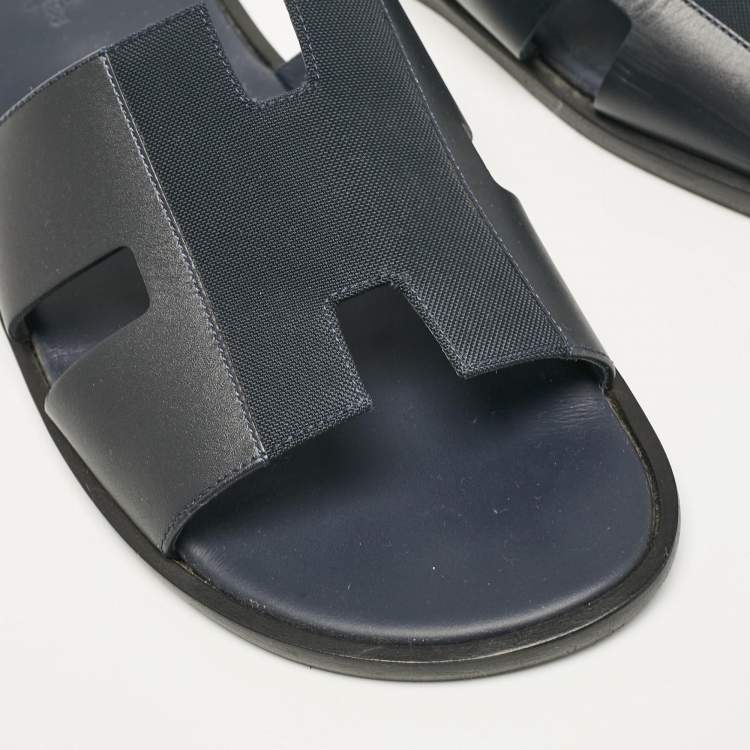 Pre Owned Hermes Navy Blue Leather and Canvas Izmir Flat Slides Size 45