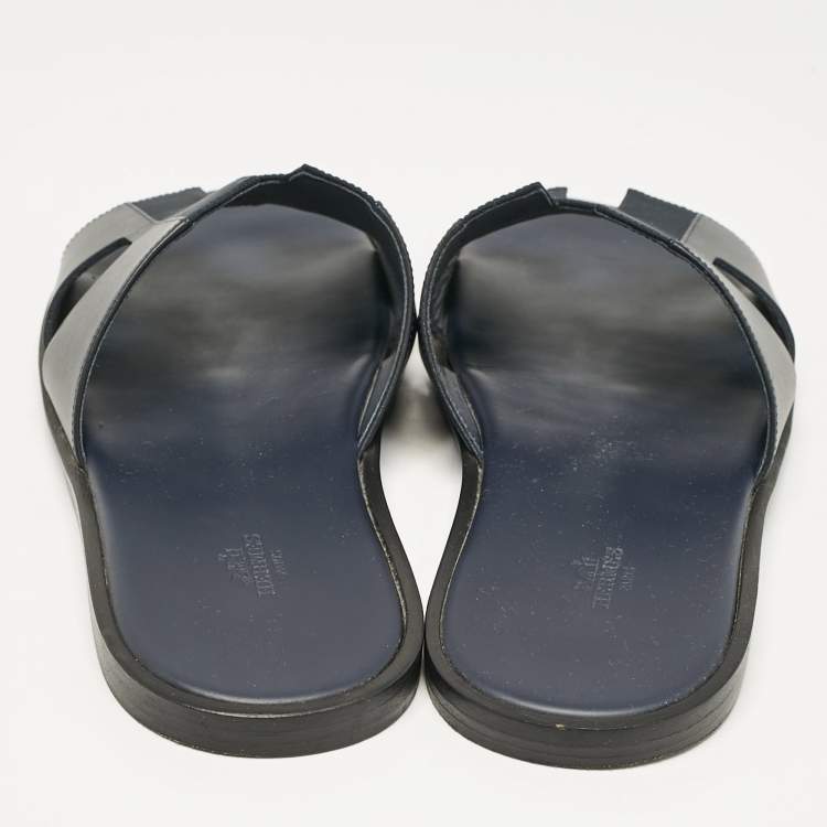 Pre Owned Hermes Navy Blue Leather and Canvas Izmir Flat Slides Size 45