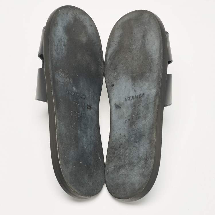 Pre Owned Hermes Navy Blue Leather and Canvas Izmir Flat Slides Size 45