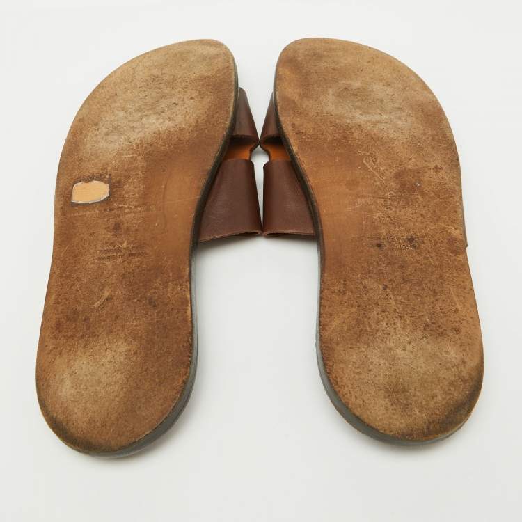 Pre Owned Hermes Dark Brown Leather Izmir Flat Sandals Size 43.5