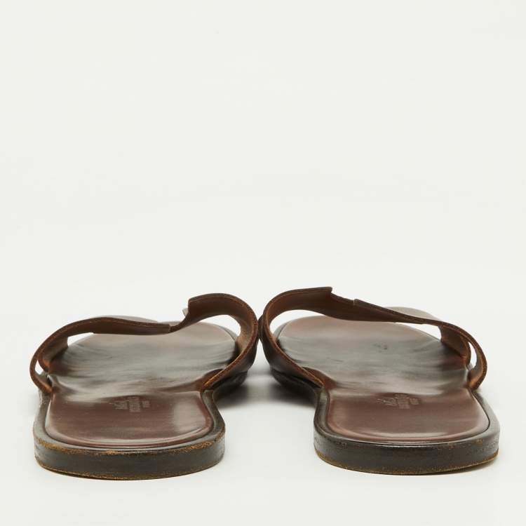 Pre Owned Hermes Dark Brown Leather Izmir Flat Sandals Size 43.5