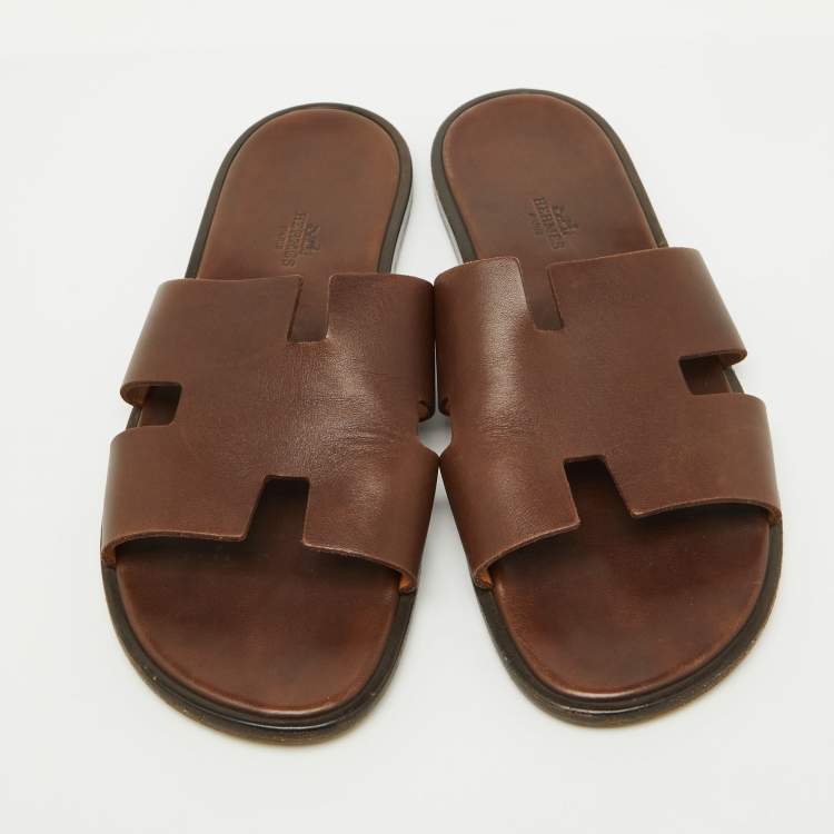 Pre Owned Hermes Dark Brown Leather Izmir Flat Sandals Size 43.5