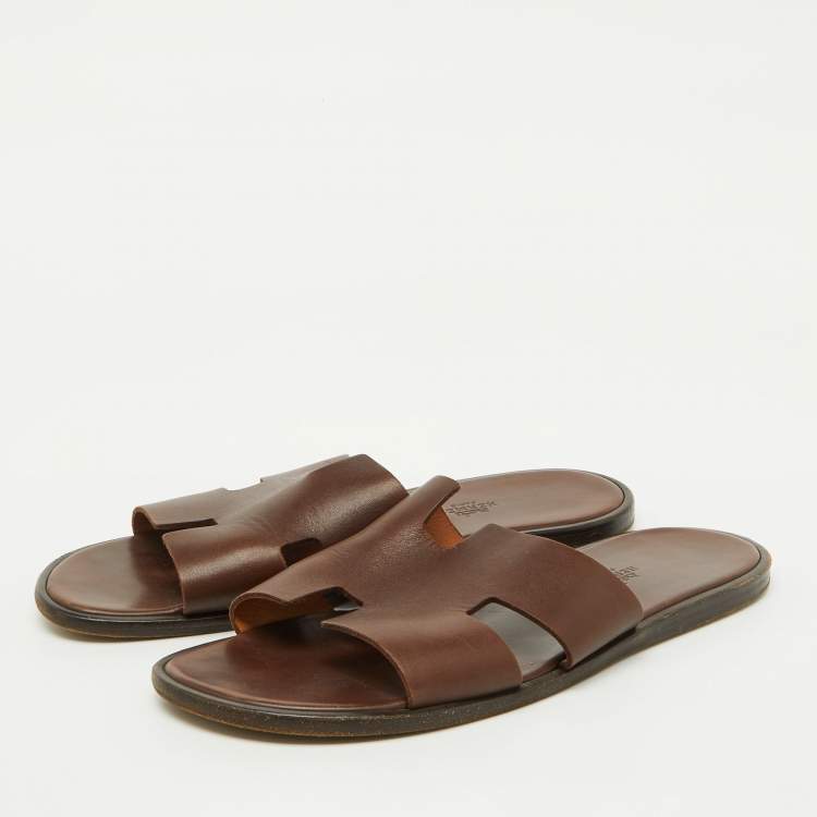 Pre Owned Hermes Dark Brown Leather Izmir Flat Sandals Size 43.5