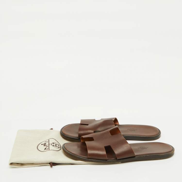 Pre Owned Hermes Dark Brown Leather Izmir Flat Sandals Size 43.5