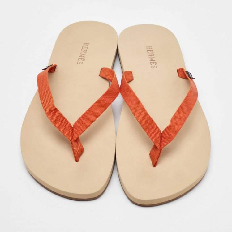 Pre Owned Hermes Orange Fabric Flat Beach Sandals Size 45