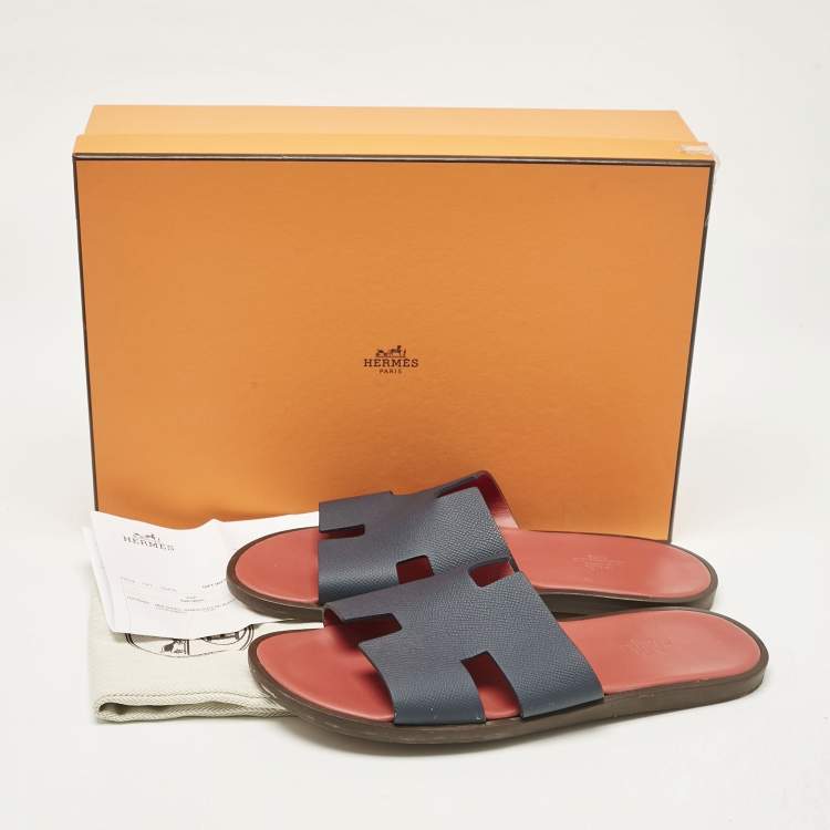 Pre Owned Hermes Navy Blue Leather Izmir Flat Slides Size 41.5