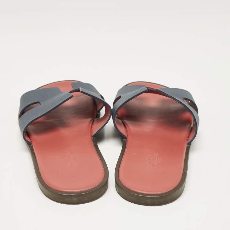 Pre Owned Hermes Navy Blue Leather Izmir Flat Slides Size 41.5