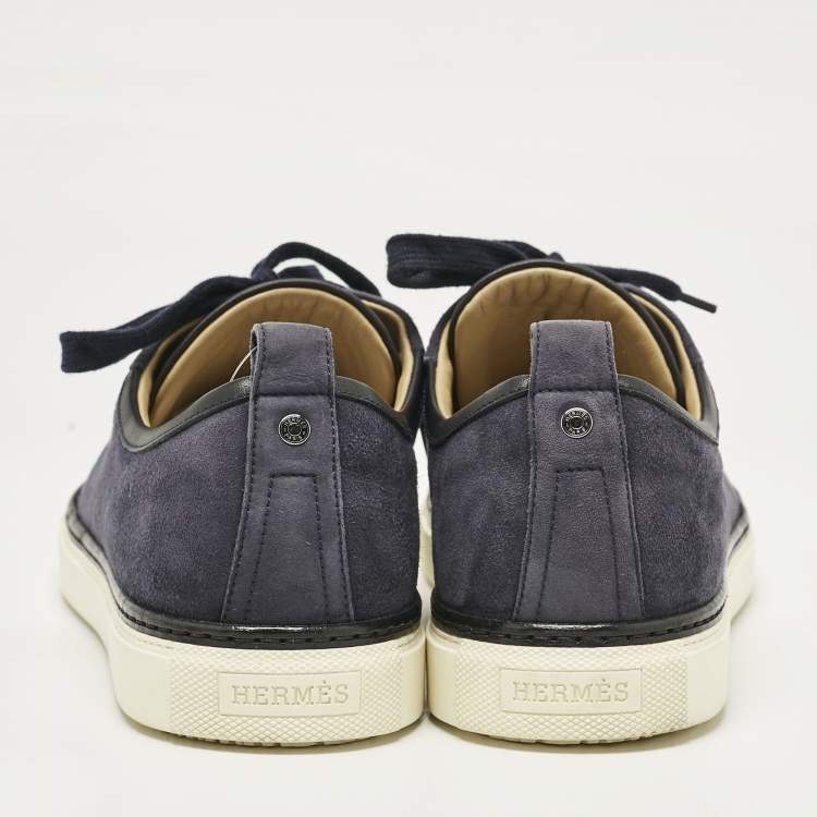 Pre Owned Hermes Navy Blue/White Suede and Leather Low Top Sneakers Size 45