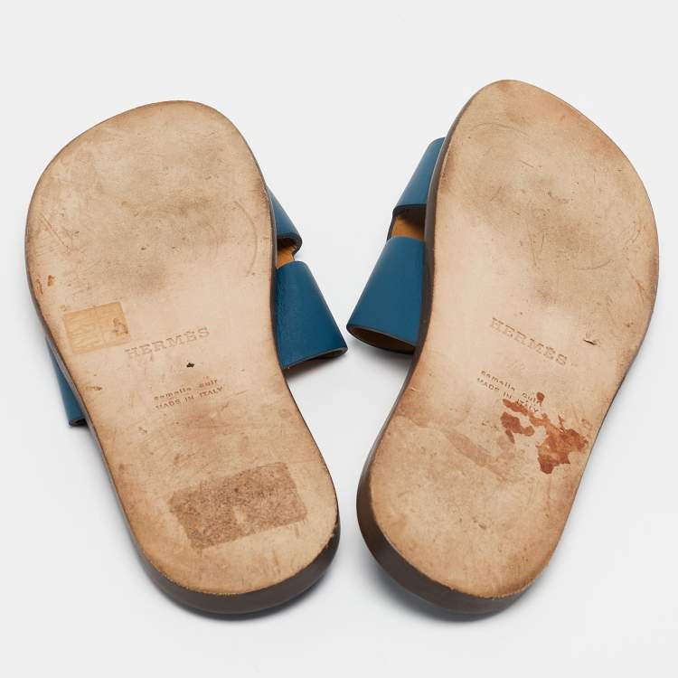 Pre Owned Hermes Blue Leather Izmir Flat Sandals Size 42