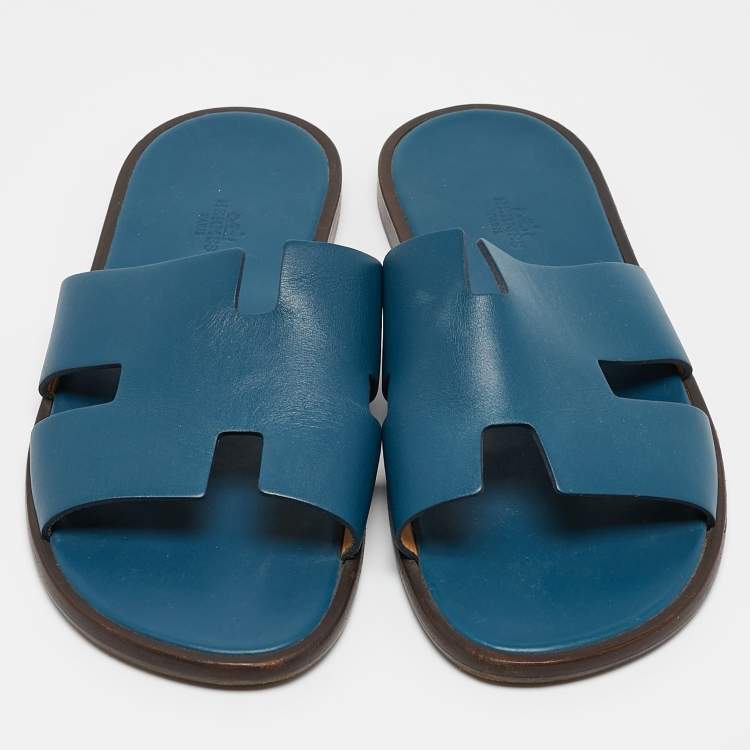 Pre Owned Hermes Blue Leather Izmir Flat Sandals Size 42