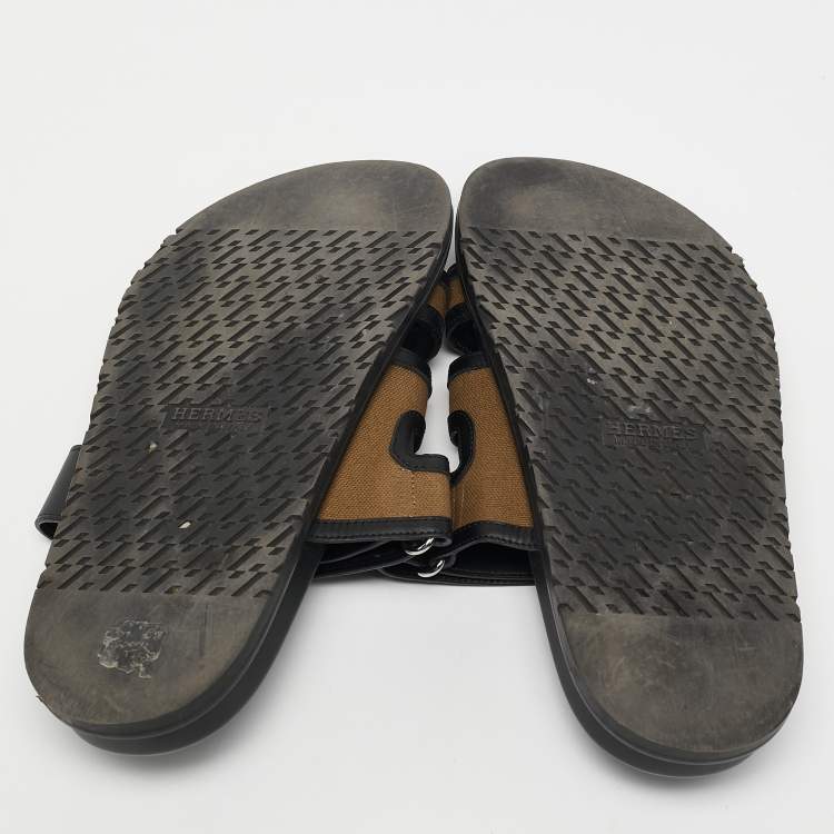 Pre Owned Hermes Brown/Black Canvas and Leather Chypre Sandals Size 41.5
