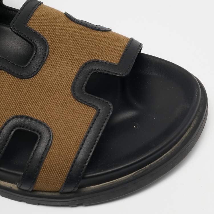 Pre Owned Hermes Brown/Black Canvas and Leather Chypre Sandals Size 41.5