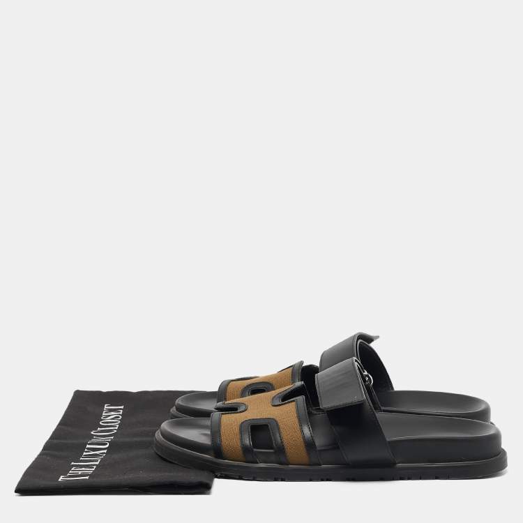 Pre Owned Hermes Brown/Black Canvas and Leather Chypre Sandals Size 41.5