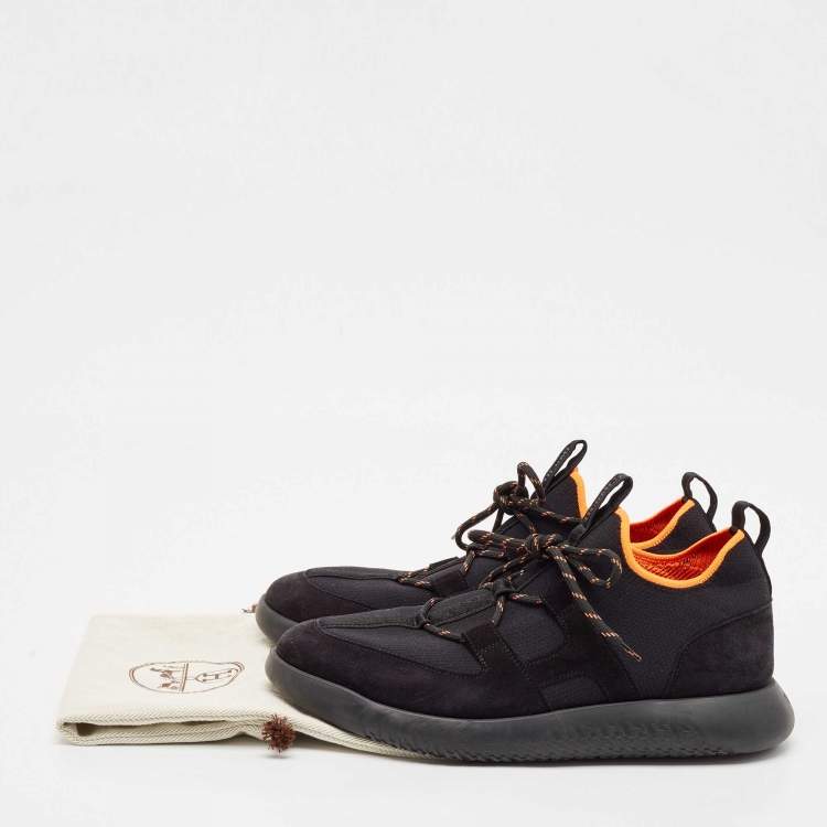 Pre Owned Hermes Black Leather And Fabric Team Sneakers Size 42