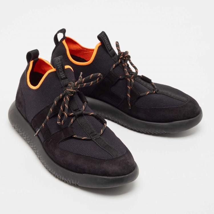 Pre Owned Hermes Black Leather And Fabric Team Sneakers Size 42