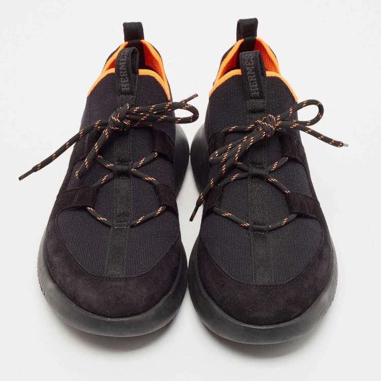 Pre Owned Hermes Black Leather And Fabric Team Sneakers Size 42