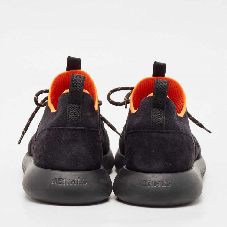 Pre Owned Hermes Black Leather And Fabric Team Sneakers Size 42