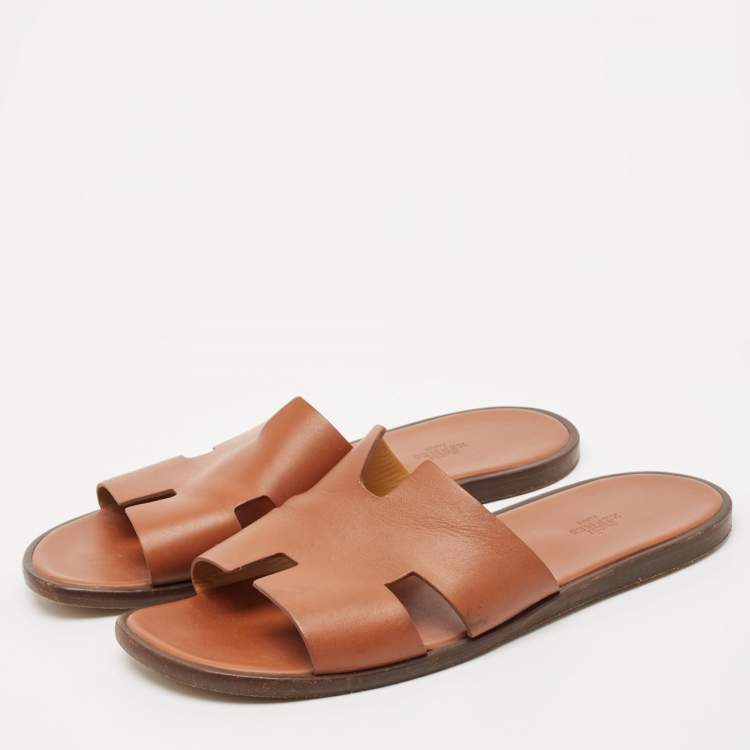 Pre Owned Hermes Tan Leather Izmir Flat Slide Sandals Size 45