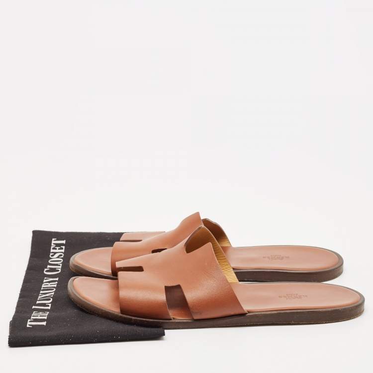 Pre Owned Hermes Tan Leather Izmir Flat Slide Sandals Size 45