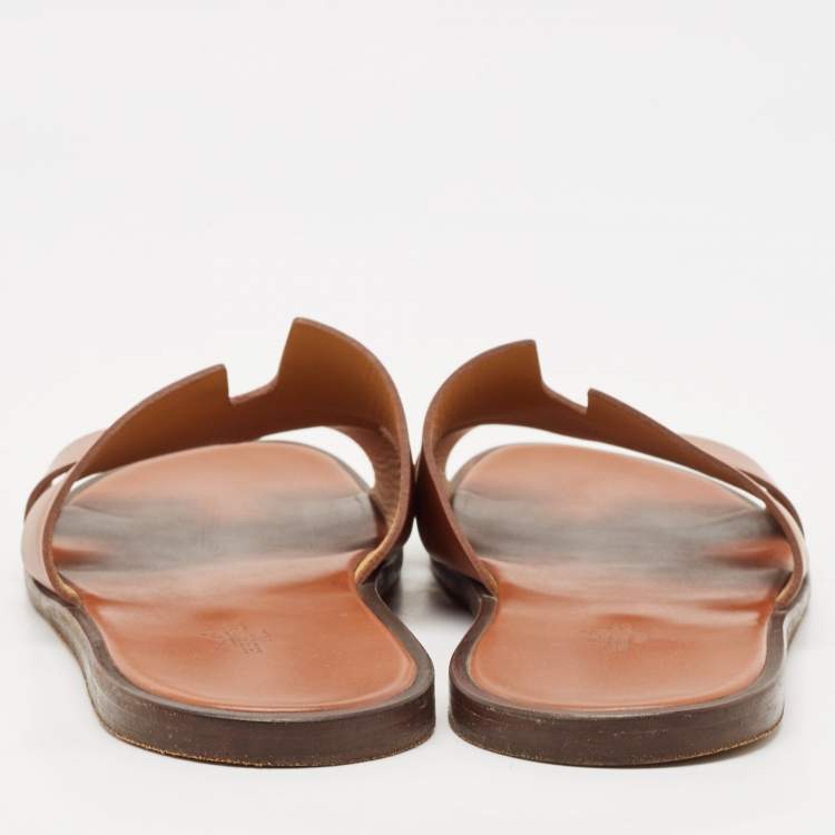 Pre Owned Hermes Tan Leather Izmir Flat Slide Sandals Size 45