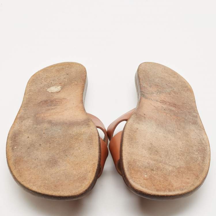 Pre Owned Hermes Tan Leather Izmir Flat Slide Sandals Size 45