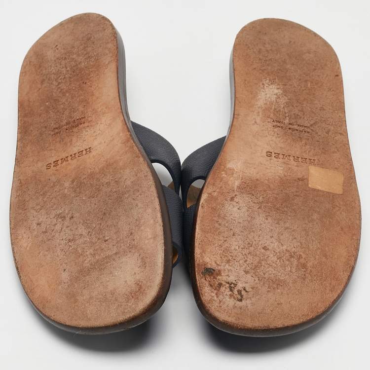 Pre Owned Hermes Navy Blue Leather Izmir Flat Sandals Size 44