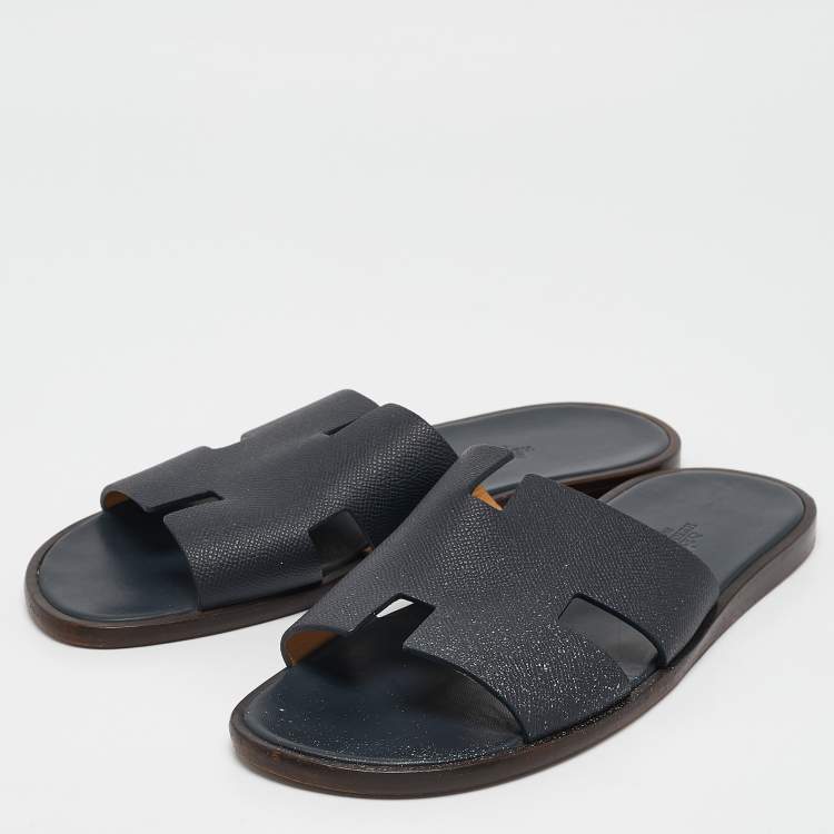 Pre Owned Hermes Navy Blue Leather Izmir Flat Sandals Size 44