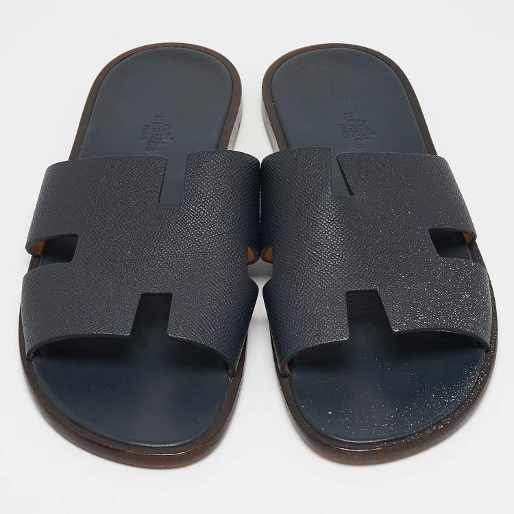 Pre Owned Hermes Navy Blue Leather Izmir Flat Sandals Size 44