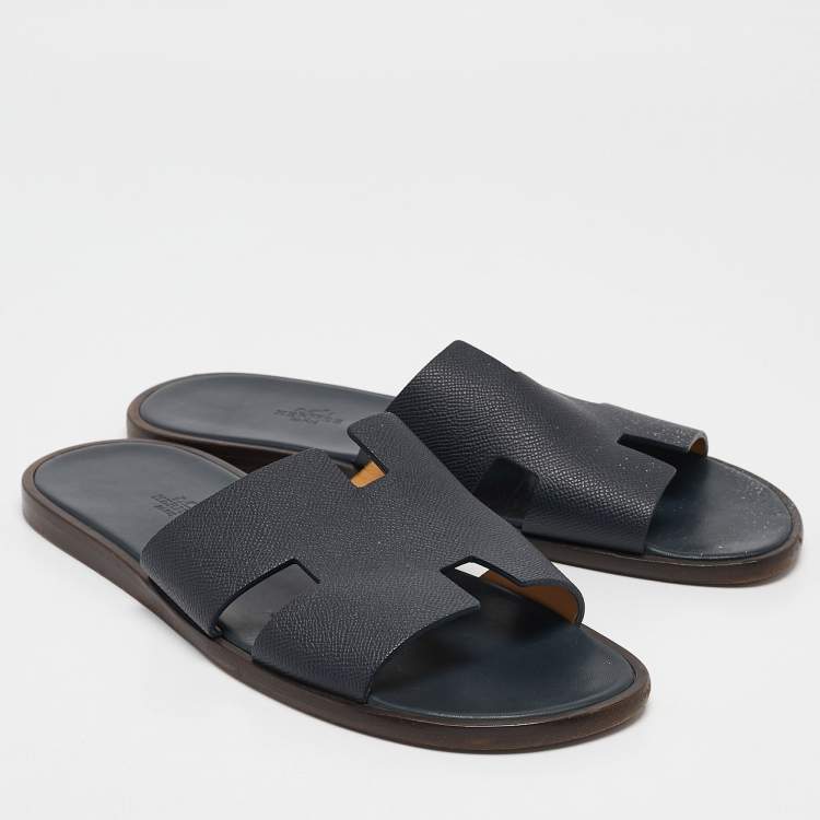 Pre Owned Hermes Navy Blue Leather Izmir Flat Sandals Size 44