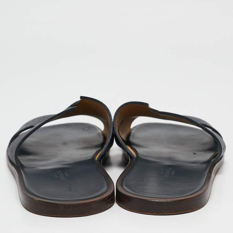Pre Owned Hermes Navy Blue Leather Izmir Flat Sandals Size 44