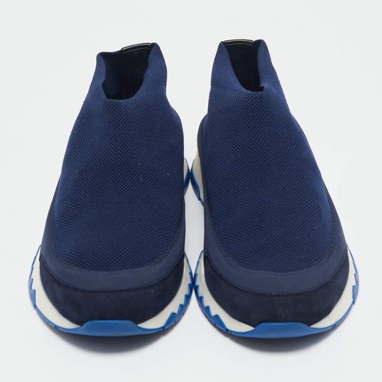 Pre Owned Hermes Blue Knit Fabric Tokyo Slip On Sneakers Size 42.5