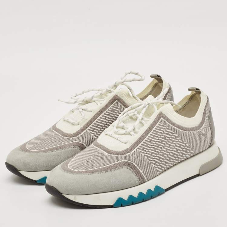 Pre Owned Hermes White/Grey Knit Fabric and Suede C-Addict Sneakers Size 44